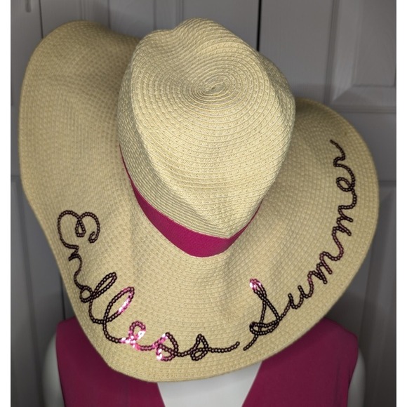 Lake Shore Drive Accessories - Lake Shore Drive Endless Summer Pink Sequin Ribbon Beige Floppy Hat
